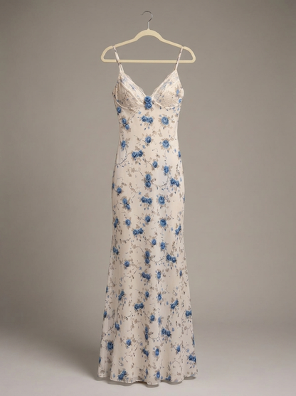 Maxi Φόρεμα Floral Δαντέλα σε Μπλε